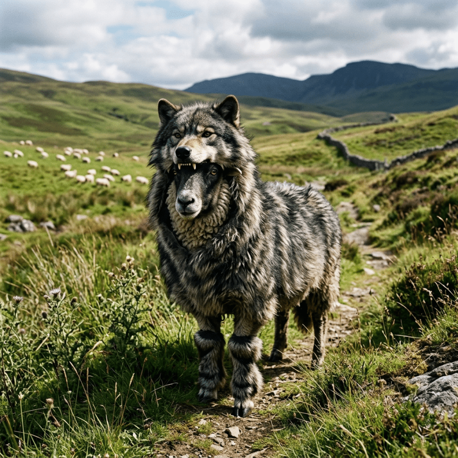 Sheep dressed in a lifelike wolf costume standing on a grassy path with hills and scattered sheep in the background